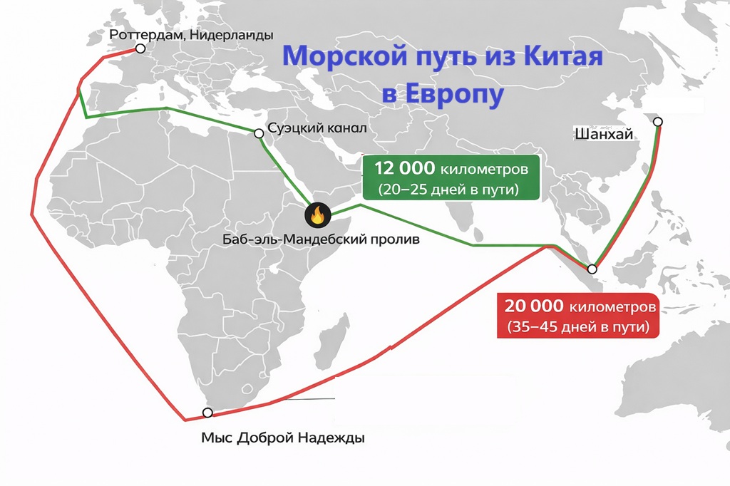 Морские маршруты доставки грузов из Китая в Европу через Суэцкий канал и вокруг Африки
