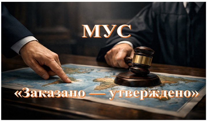 Символическое изображение международного суда, где судейский молоток и указующий жест над картой мира отражают политическое давление через право