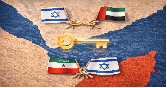 Геополитическая иллюстрация пролива Баб-эль-Мандеб с символическим ключом и флагами Израиля, ОАЭ и Сомалиленда