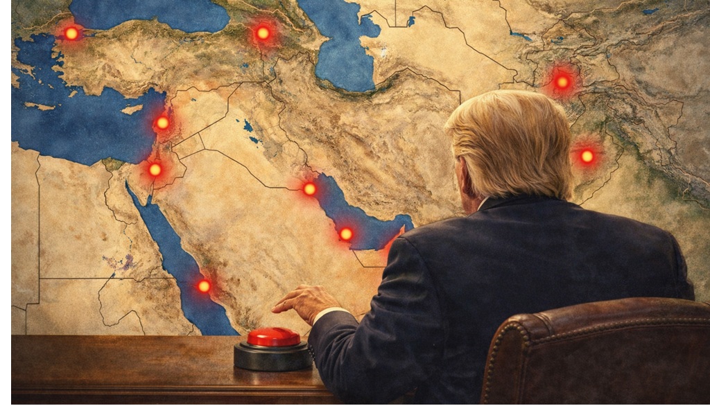 Президент США на фоне карты Ближнего Востока в момент стратегического выбора