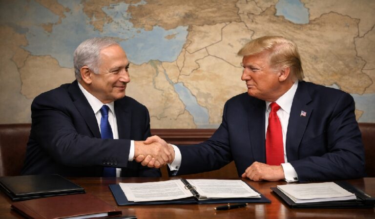 Премьер-министр Израиля Биньямин Нетаньяху и президент США Дональд Трамп во время переговоров по вопросам региональной безопасности