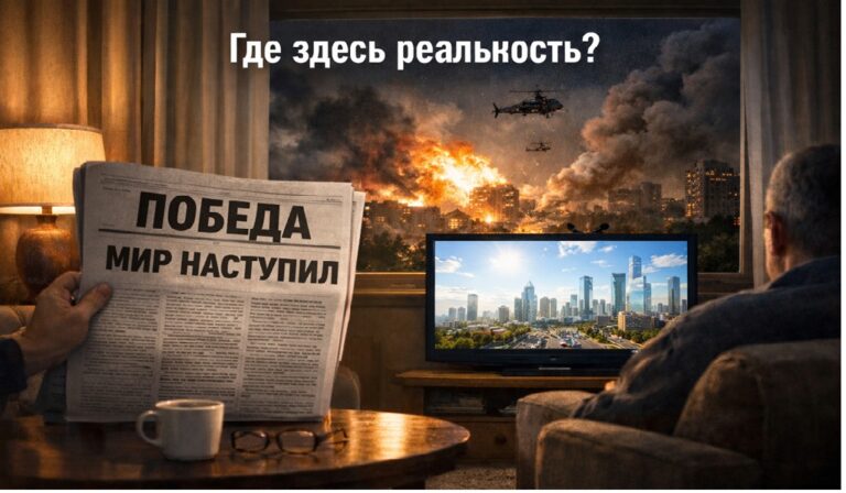 Телевизор и газета сообщают о победе и наступившем мире, тогда как за окном продолжается война — иллюстрация разрыва между новостями и реальностью