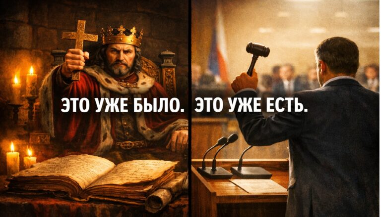 Аллегорическое изображение власти в разные эпохи: средневековый король с крестом и современный парламентский председатель с молотком как символ повторяемости политических механизмов.