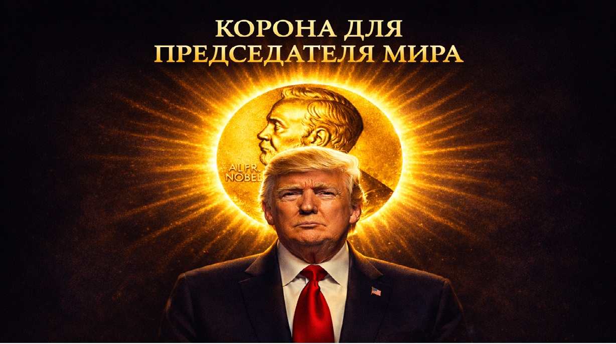 Иллюстрация Дональда Трампа на тёмном фоне с символическим золотым образом Нобелевской премии как метафора создания Совета мира и персонализации миротворческого процесса