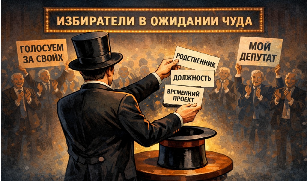 Сатирическая иллюстрация: фокусник на сцене вытаскивает «должности» и «проекты», публика аплодирует в ожидании чуда.