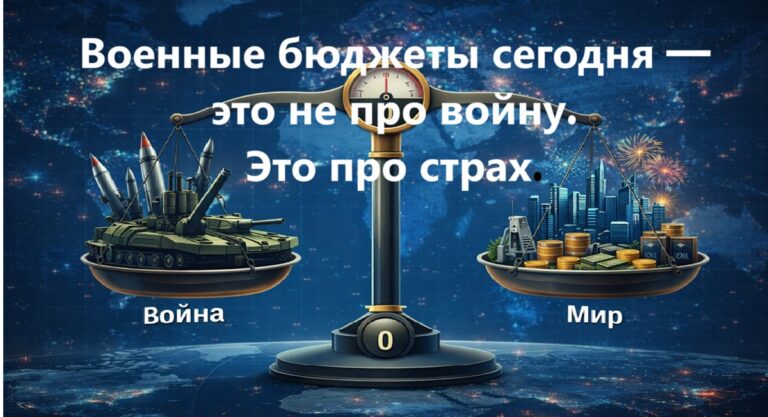 Весы с ракетами и танками на одной чаше и городами и промышленностью на другой на фоне карты мира — концепция баланса между военными расходами и экономическим развитием
