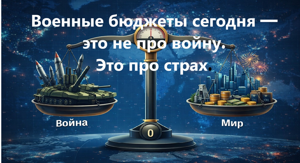 Весы с ракетами и танками на одной чаше и городами и промышленностью на другой на фоне карты мира — концепция баланса между военными расходами и экономическим развитием