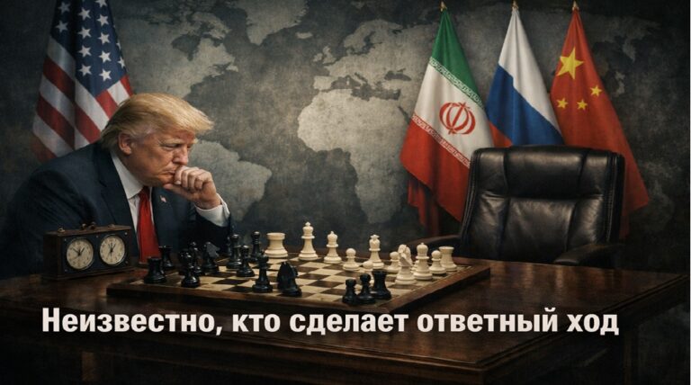 Дональд Трамп за шахматной доской на фоне флагов Ирана России и Китая, противостояние США и Ирана на грани войны
