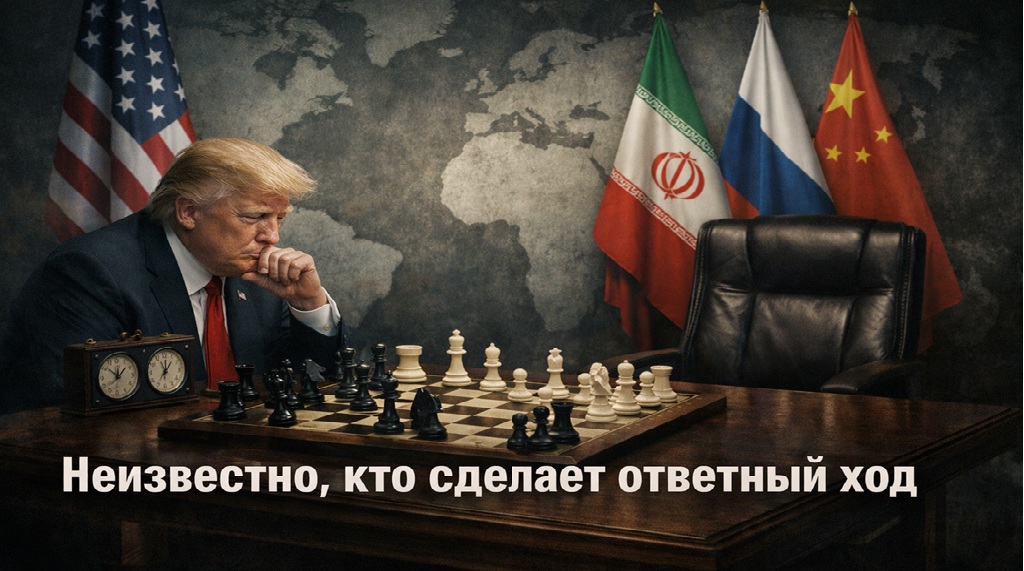 Дональд Трамп за шахматной доской на фоне флагов Ирана России и Китая, противостояние США и Ирана на грани войны