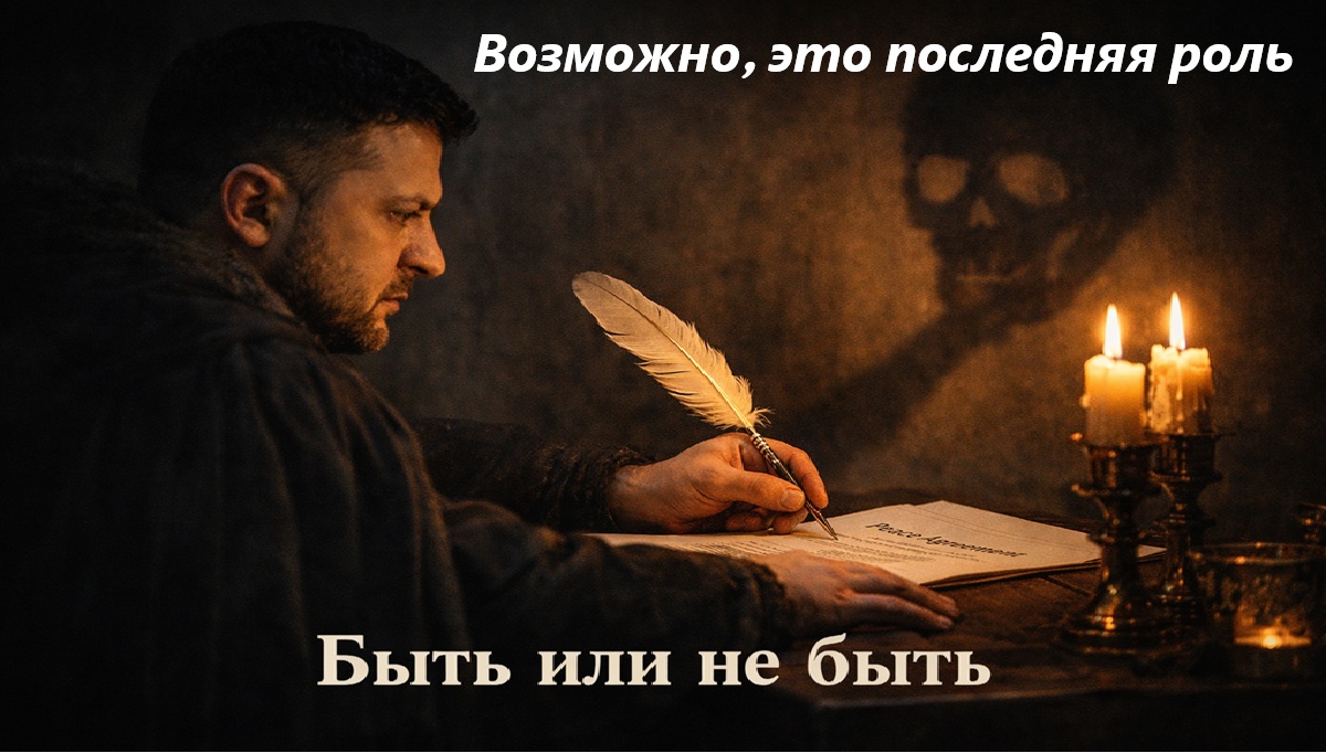 Владимир Зеленский за столом при свечах с документом о мирном соглашении, тень руки на стене как символ политической дилеммы.