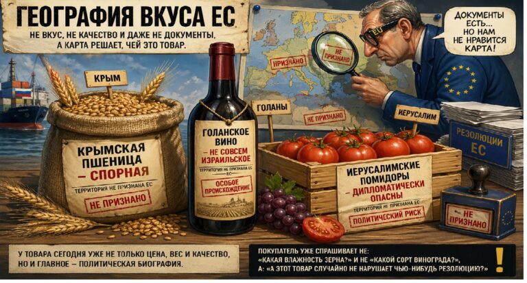 Сатирическая иллюстрация о маркировке товаров по политической карте ЕС: крымская пшеница, голанское вино и иерусалимские помидоры на фоне чиновника и карты Европы.