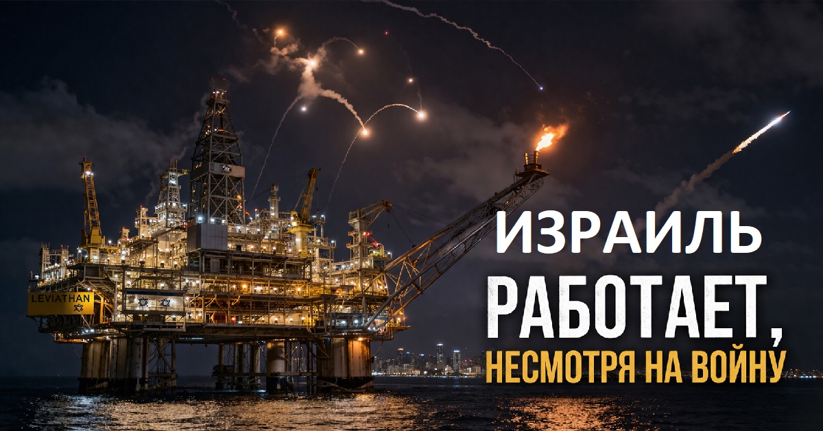 Газовая платформа «Левиафан» у побережья Израиля ночью на фоне работы ПВО и следов перехвата ракет во время войны