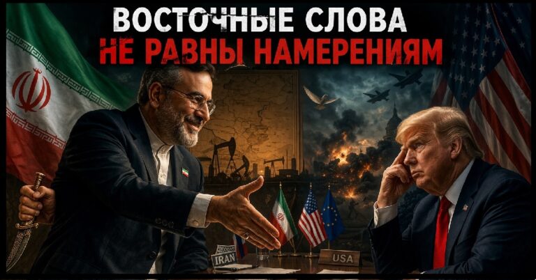 Иранский дипломат протягивает руку на переговорах, скрывая нож за спиной, как символ дипломатической ловушки и двойных сигналов