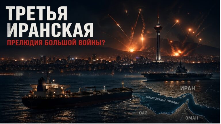 Ночной Тегеран на фоне вспышек в небе; на переднем плане танкер, авианосец и схема Ормузского пролива как символ эскалации вокруг Ирана.