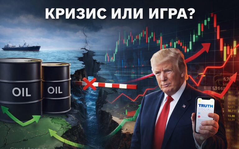 Кризис нефти и рынок: Дональд Трамп, нефтяные бочки и биржевые графики на фоне Ормузского пролива — иллюстрация спекулятивного роста цен на нефть