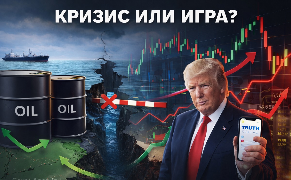 Кризис нефти и рынок: Дональд Трамп, нефтяные бочки и биржевые графики на фоне Ормузского пролива — иллюстрация спекулятивного роста цен на нефть