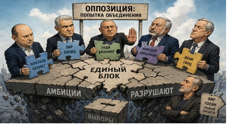 Политическая карикатура о попытке объединения израильской оппозиции: лидеры держат фрагменты пазла единого блока, который раскалывается из-за амбиций.