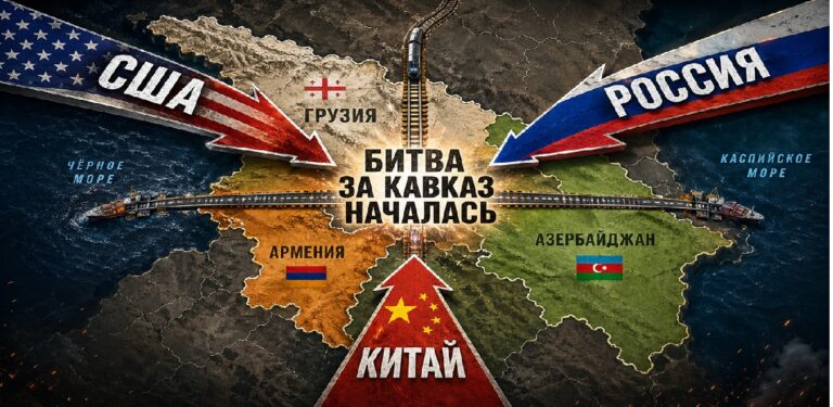 Карта Южного Кавказа с Арменией, Грузией и Азербайджаном между Черным и Каспийским морями, через которую проходят транспортные линии, а стрелки США, России и Китая направлены в центр региона.