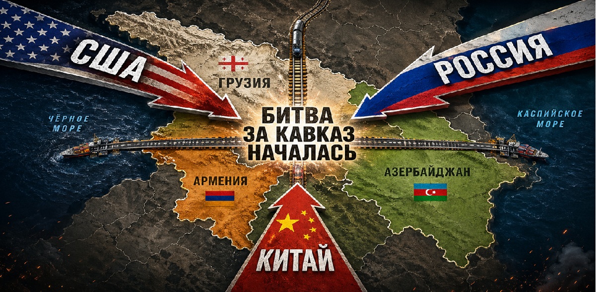 Карта Южного Кавказа с Арменией, Грузией и Азербайджаном между Черным и Каспийским морями, через которую проходят транспортные линии, а стрелки США, России и Китая направлены в центр региона.