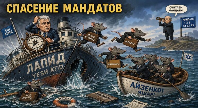 Политическая карикатура о кризисе «Еш Атид»: депутаты бегут с тонущего корабля Лапида к лодке Айзенкота, пытаясь сохранить мандаты.