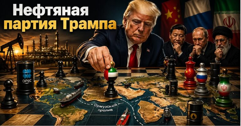 Геополитическая иллюстрация о нефтяной стратегии Трампа: шахматная партия на карте Ближнего Востока с ОАЭ, ОПЕК, Россией, Китаем и Ираном.