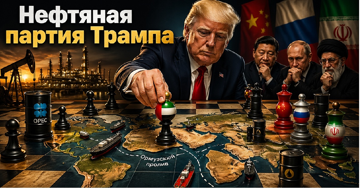 Геополитическая иллюстрация о нефтяной стратегии Трампа: шахматная партия на карте Ближнего Востока с ОАЭ, ОПЕК, Россией, Китаем и Ираном.