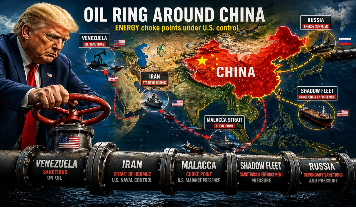 Дональд Трамп закрывает большой промышленный вентиль на фоне карты Китая и маршрутов поставок нефти из Венесуэлы, Ирана, через Малаккский пролив и из России.