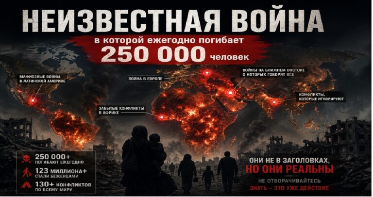 Карта мира с зонами вооружённых конфликтов и статистикой погибших и беженцев в невидимых войнах Африки, Азии и Латинской Америки