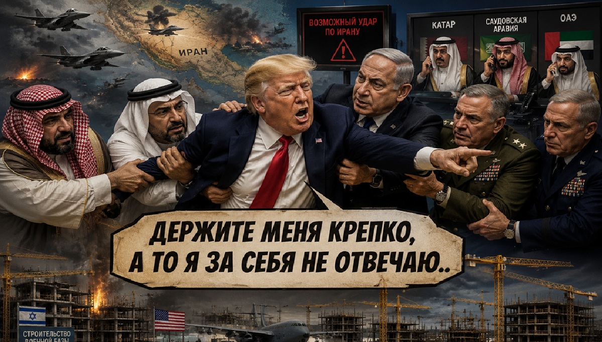 Дональд Трамп в агрессивной позе пытается броситься вперёд, пока его удерживают ближневосточные лидеры и военные. На фоне — карта Ирана, взрывы, самолёты и надпись: «Держите меня крепко, а то я за себя не отвечаю».