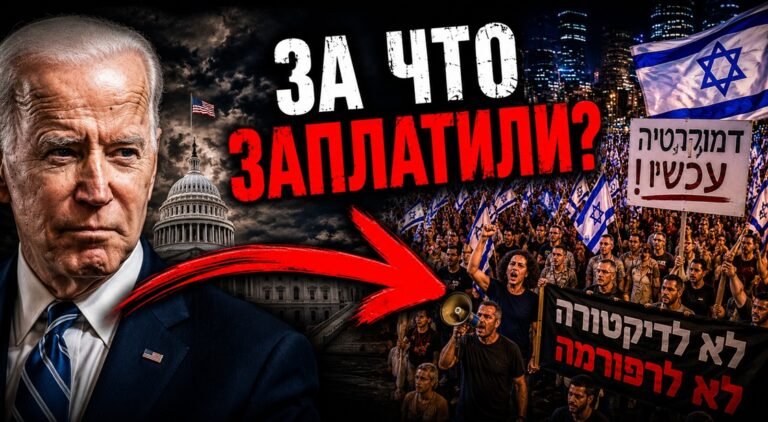 Джо Байден на фоне Капитолия США и массовых протестов в Израиле, иллюстрация к расследованию о финансировании протестного движения