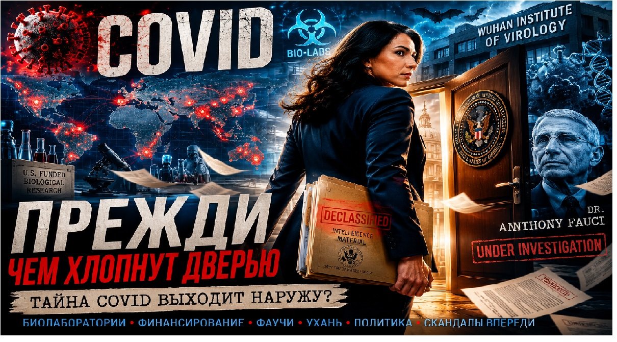 Тулси Габбард покидает кабинет с папкой рассекреченных документов на фоне изображений коронавируса, биологических лабораторий, карты распространения COVID-19 и портрета Энтони Фаучи.