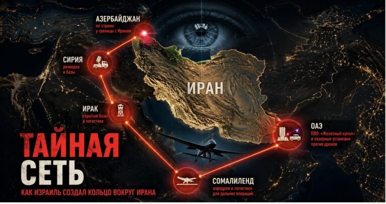 Карта Ближнего Востока с обозначением Азербайджана, Сирии, Ирака, ОАЭ и Сомалиленда как элементов региональной инфраструктуры Израиля вокруг Ирана