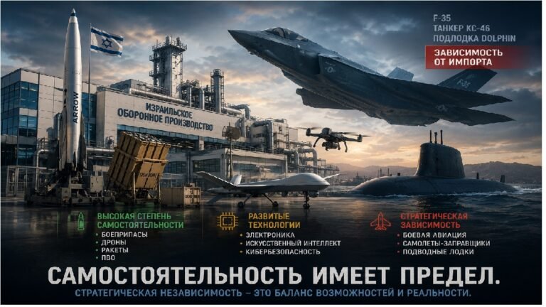 Израильская оборонная промышленность, ракеты, беспилотники, истребитель F-35 и подводная лодка как символы сильных и зависимых сторон оборонного потенциала Израиля.