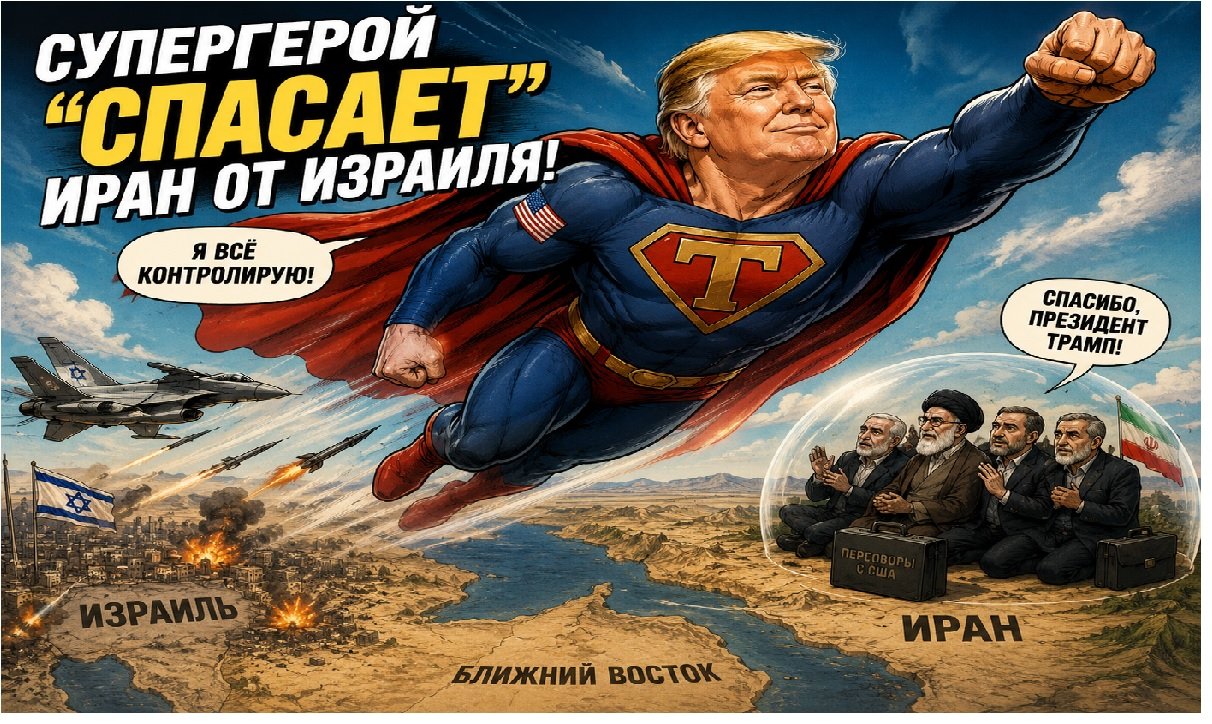 Дональд Трамп в образе супергероя летит над картой Ближнего Востока — иллюстрация к публикациям американских СМИ о его роли в переговорах с Ираном.