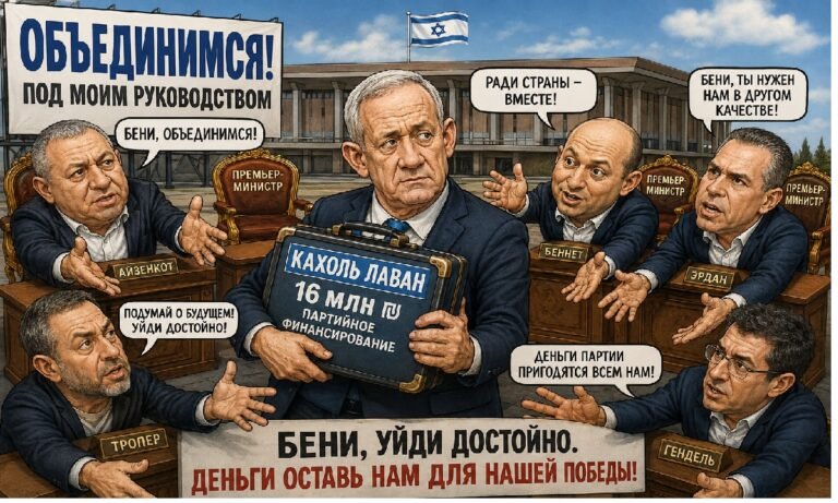 Бени Ганц с портфелем денег, вокруг депутаты требуют его ухода и хотят оставить партийные деньги на будущие выборы