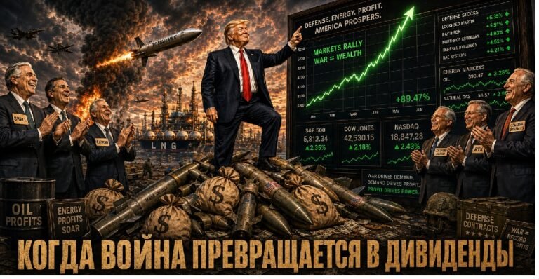 Дональд Трамп стоит на вершине горы из ракет, внизу ему аплодируют представители американского бизнеса.