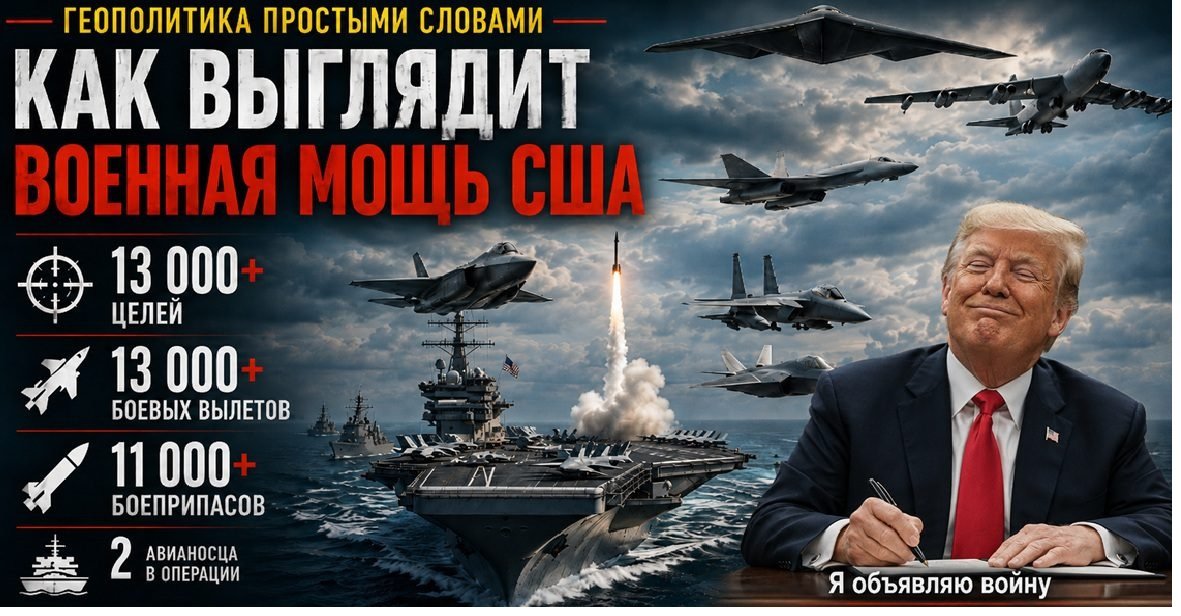 Военная мощь США: Дональд Трамп на фоне авианосца, бомбардировщиков, истребителей и ракет