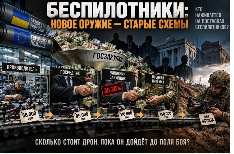 Иллюстрация цепочки закупки беспилотников для Украины: производитель, посредник, чиновник, военная приёмка и фронт.