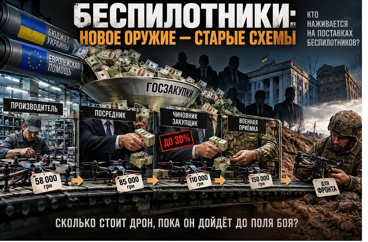 Иллюстрация цепочки закупки беспилотников для Украины: производитель, посредник, чиновник, военная приёмка и фронт.