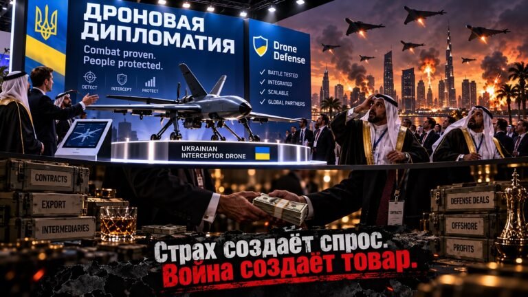 Иллюстрация выставки украинских дронов: переговоры о контрактах на переднем плане, беспилотники и охваченный огнём город на заднем.