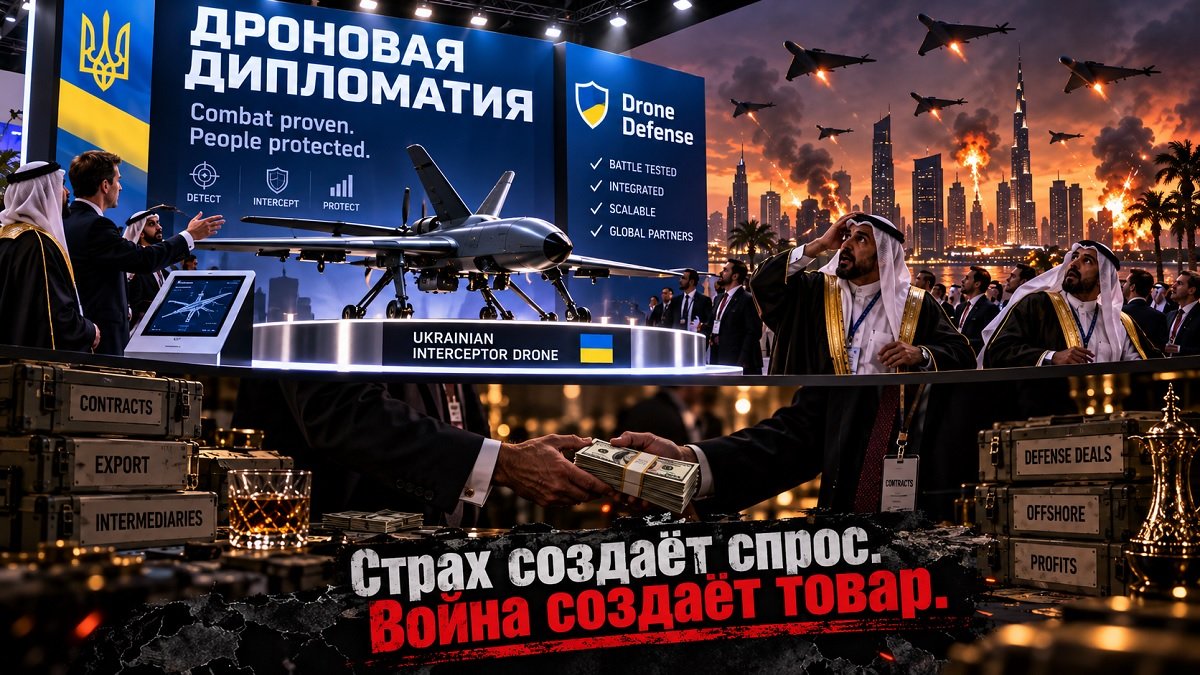 Иллюстрация выставки украинских дронов: переговоры о контрактах на переднем плане, беспилотники и охваченный огнём город на заднем.