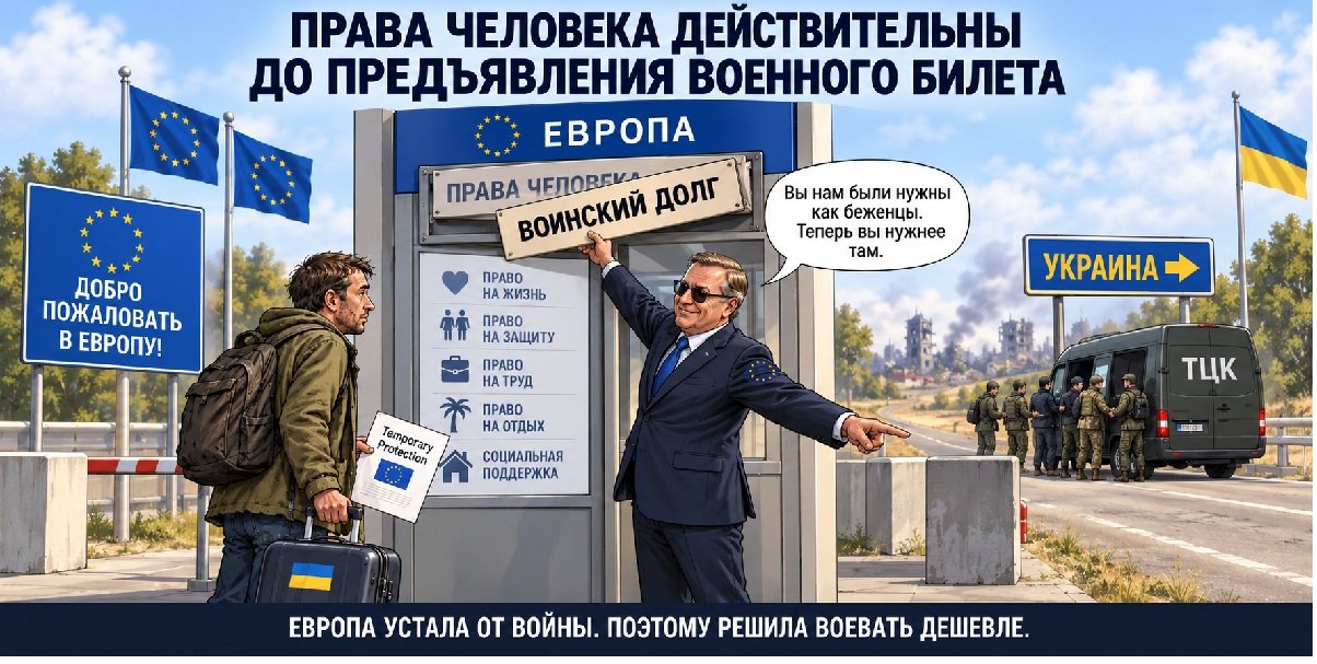 Украинский мужчина у пограничного шлагбаума на пути в Европу, рядом военный билет, вдали — сотрудники ТЦК