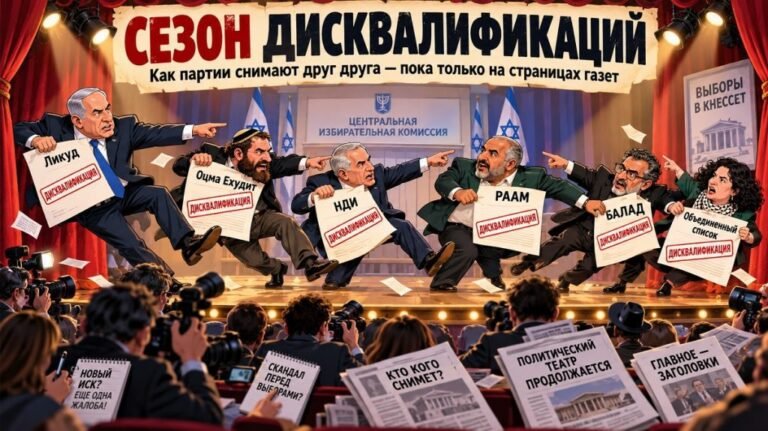 Представители израильских партий с бумагами в руках спорят перед зданием ЦИК