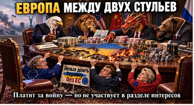 За большим столом сидят звери-символы России, Китая, США и Великобритании, а представители Евросоюза пытаются забраться на стол, чтобы участвовать в разделе Украин