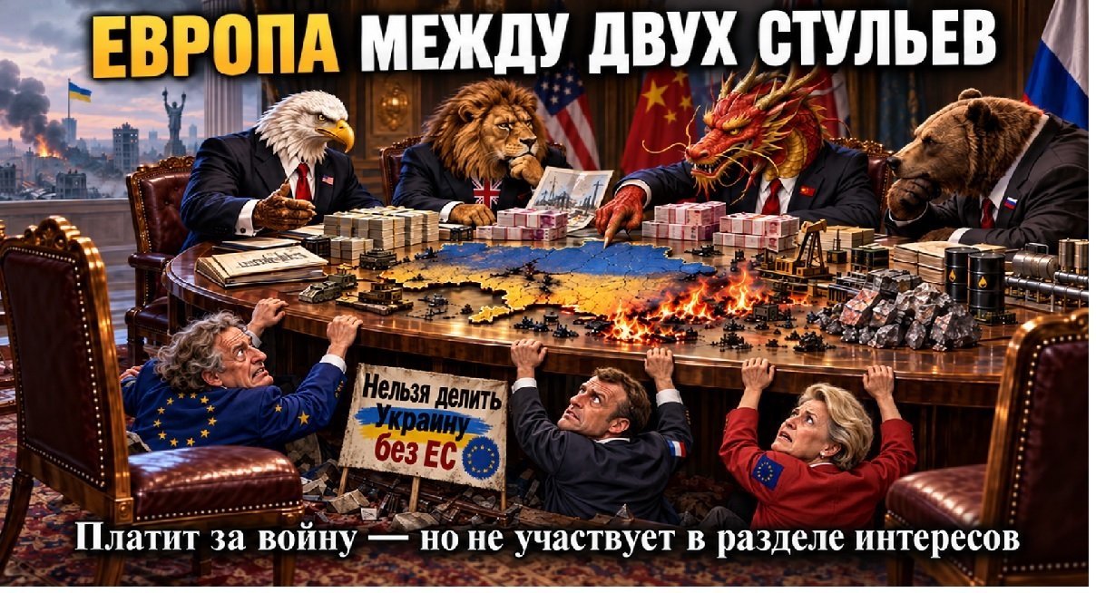 За большим столом сидят звери-символы России, Китая, США и Великобритании, а представители Евросоюза пытаются забраться на стол, чтобы участвовать в разделе Украин