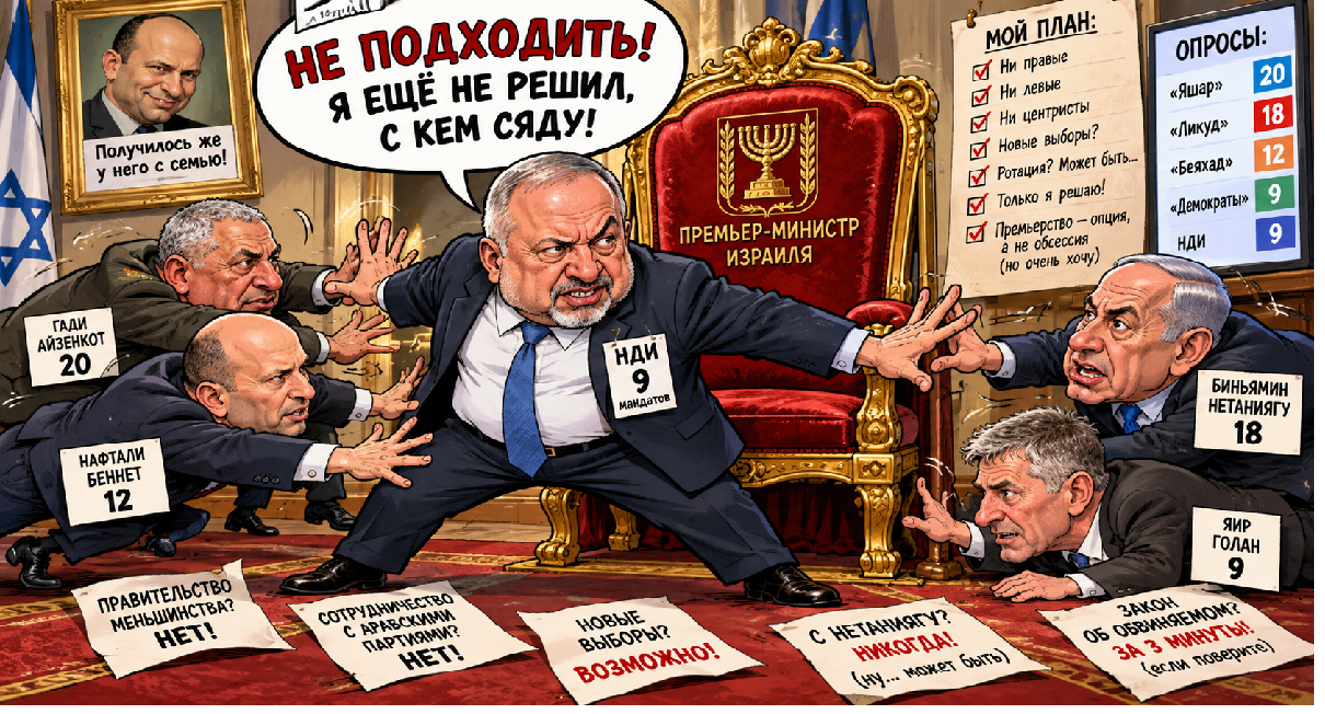 Политическая карикатура: Авигдор Либерман отгоняет соперников от кресла премьер-министра Израиля, демонстрируя свои политические амбиции.