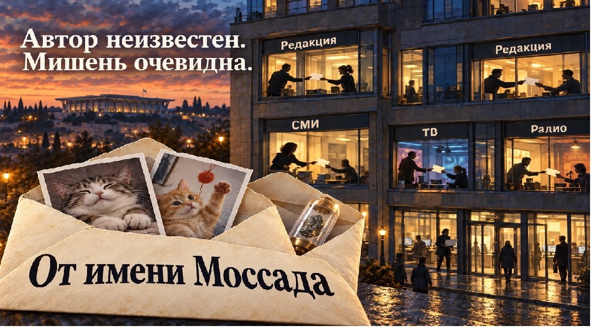 Сатирическая иллюстрация: письмо «Моссада», здание и журналисты, спешащие в поисках сенсации.