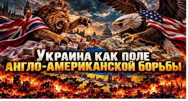 Британский лев сражается с американским орлом над пачками долларов и фунтов стерлингов, внизу пылает Украина.