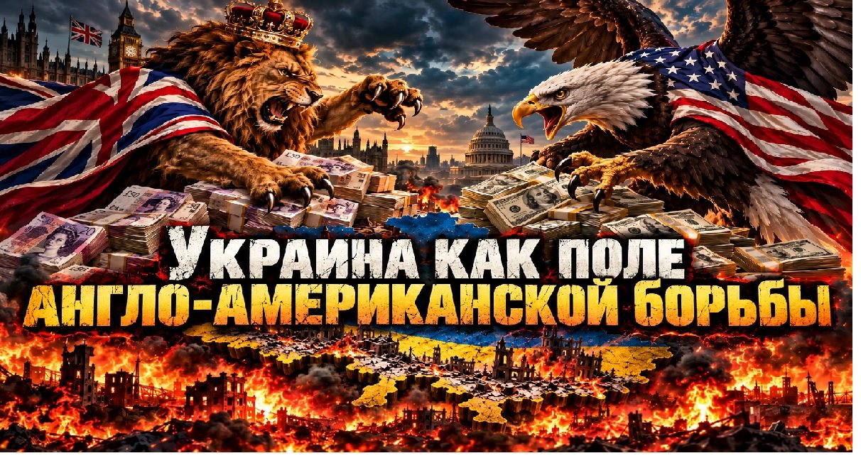 Британский лев сражается с американским орлом над пачками долларов и фунтов стерлингов, внизу пылает Украина.