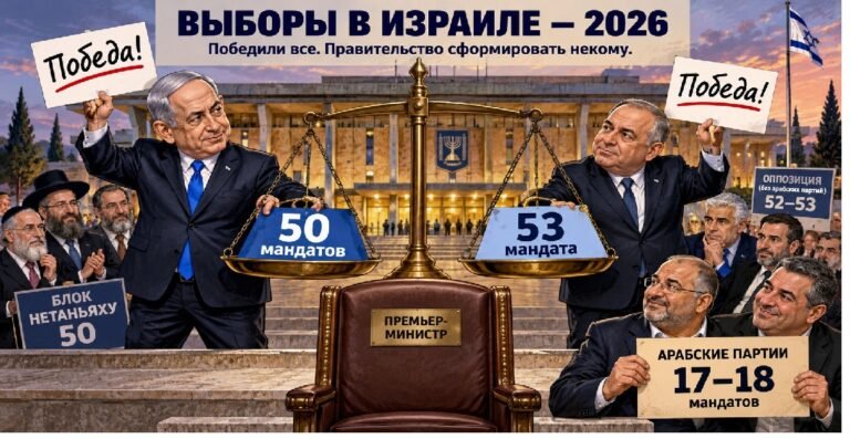 Политические весы с гирями — символ борьбы партий Израиля за парламентское большинство после выборов в Кнессет 2026 года.